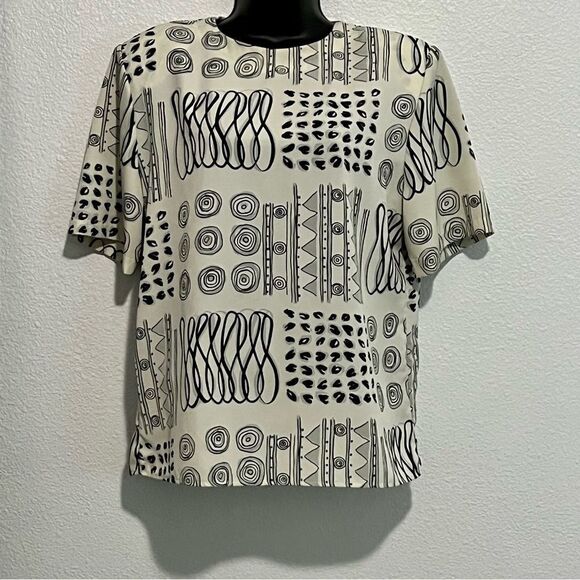 VTG 90s RENAISSANCE SPORTSWEAR Boxy Geometric Scribble Cream Black blouse S - Picture 1 of 12